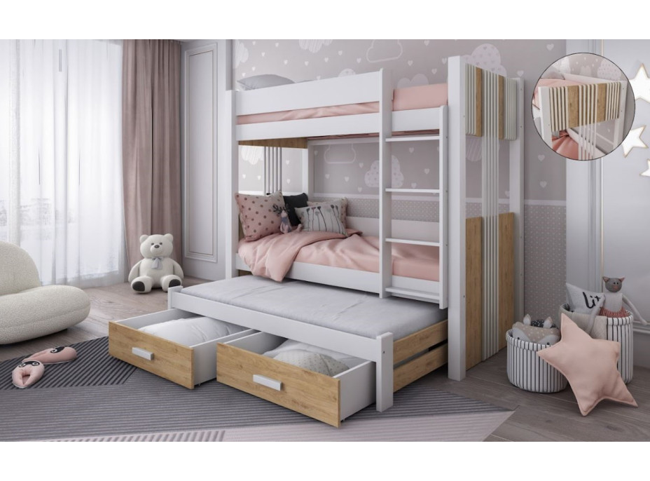 Detská poschodová posteľ z masívu borovice ARTEN III s prístelkou a šuplíky - 200x90 cm - biela/dub shetland