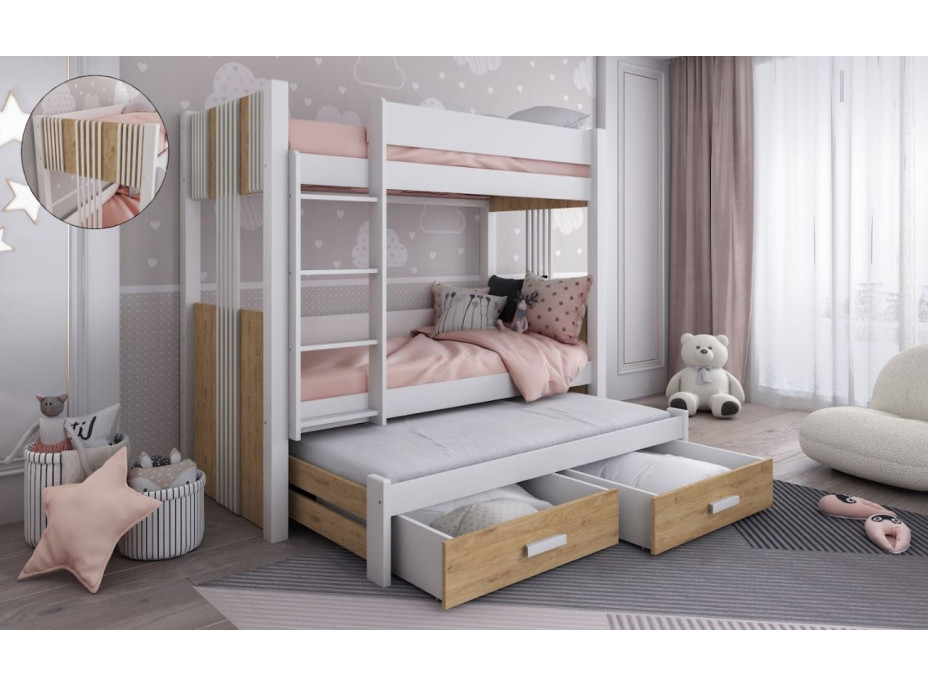 Detská poschodová posteľ z masívu borovice ARTEN III s prístelkou a šuplíky - 200x90 cm - biela/dub shetland