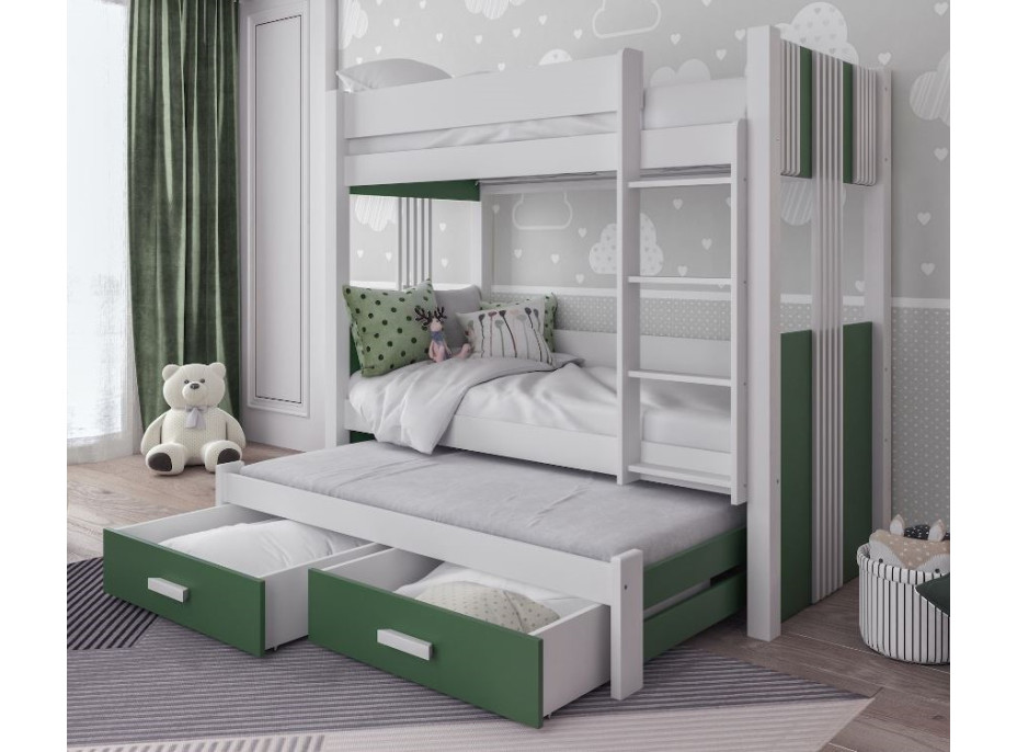 Detská poschodová posteľ z masívu borovice ARTEN III s prístelkou a šuplíky - 200x90 cm - biela/zelená