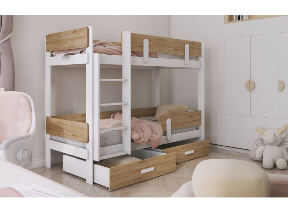 Detská poschodová posteľ z masívu borovice ETTORE so šuplíkmi - 200x90 cm - biela/dub shetland