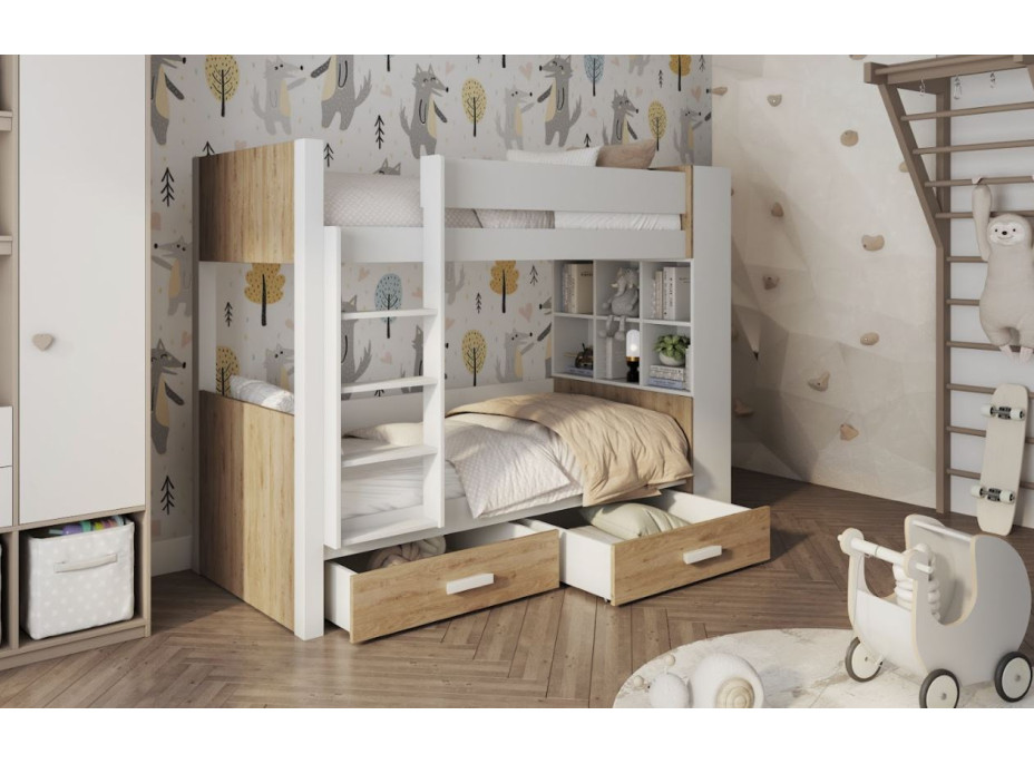 Detská poschodová posteľ z masívu borovice GASPAR so šuplíkmi a regálom - 200x90 cm - biela/dub shetland