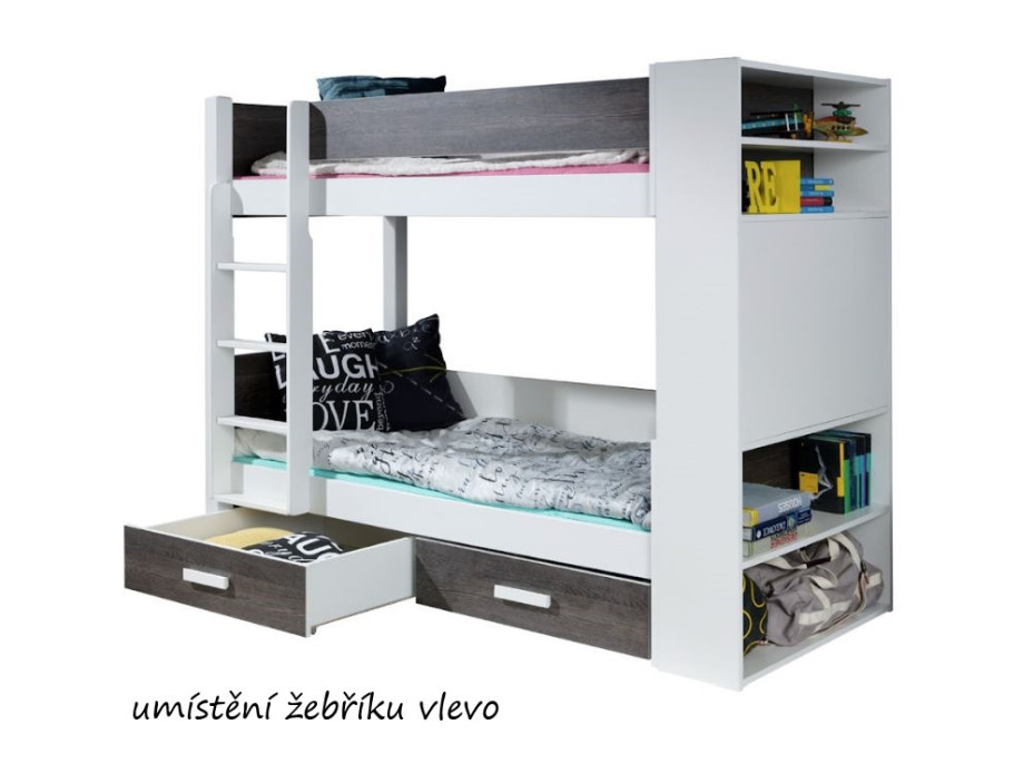 Detská poschodová posteľ z masívu borovice GASPAR so šuplíkmi a regálom - 200x90 cm - biela/dub sonoma