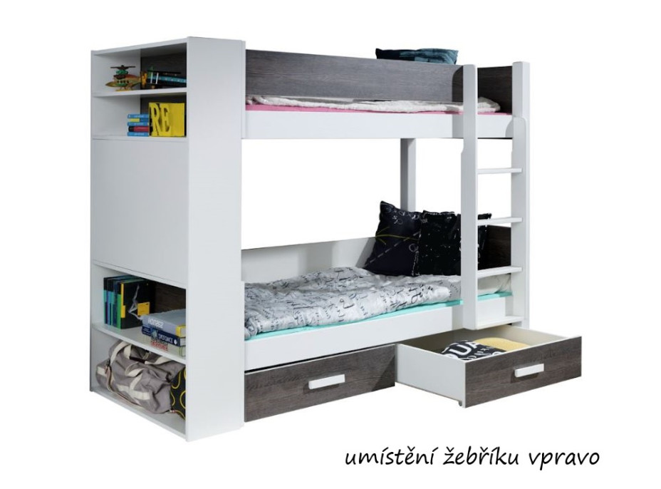 Detská poschodová posteľ z masívu borovice GASPAR so šuplíkmi a regálom - 200x90 cm - biela/dub shetland
