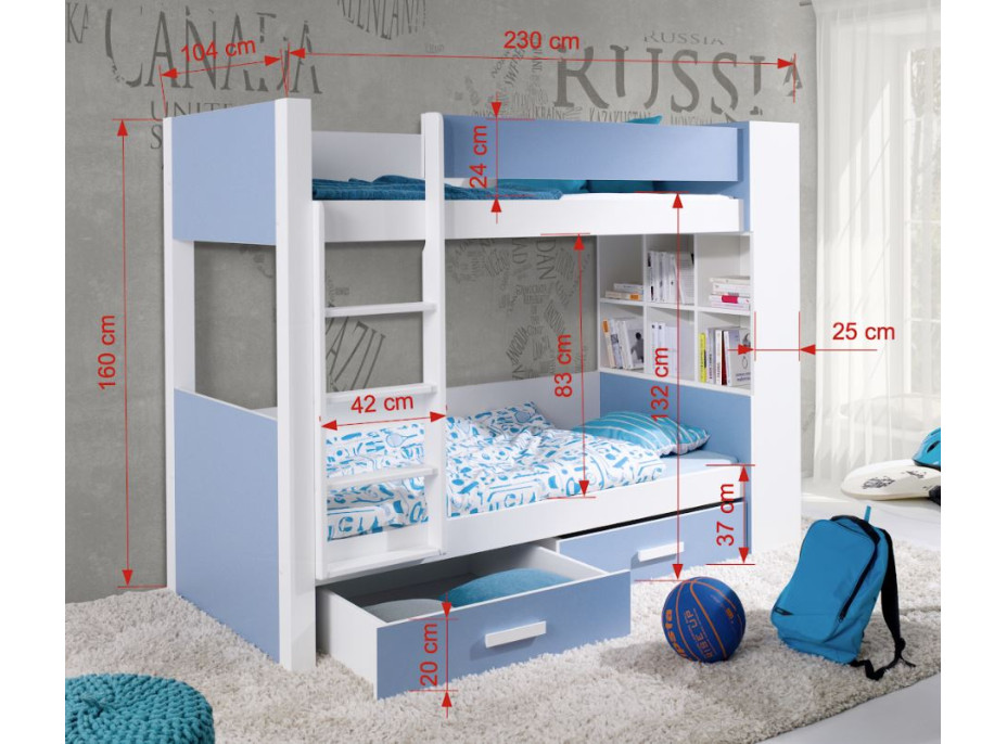 Detská poschodová posteľ z masívu borovice GASPAR so šuplíkmi a regálom - 200x90 cm - biela