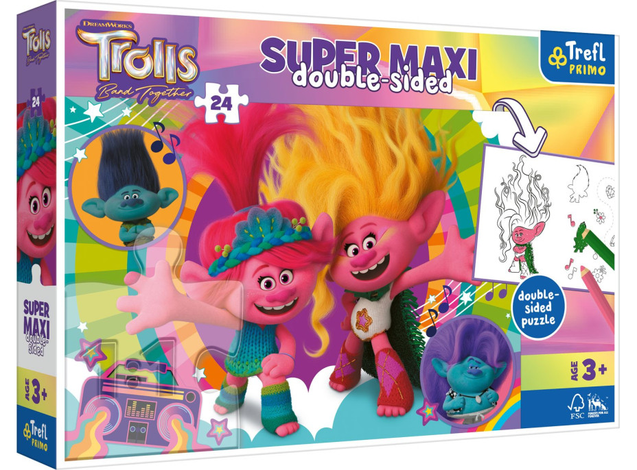 TREFL Obojstranné puzzle Trollovia 3: Šťastný Trollí deň SUPER MAXI 24 dielikov