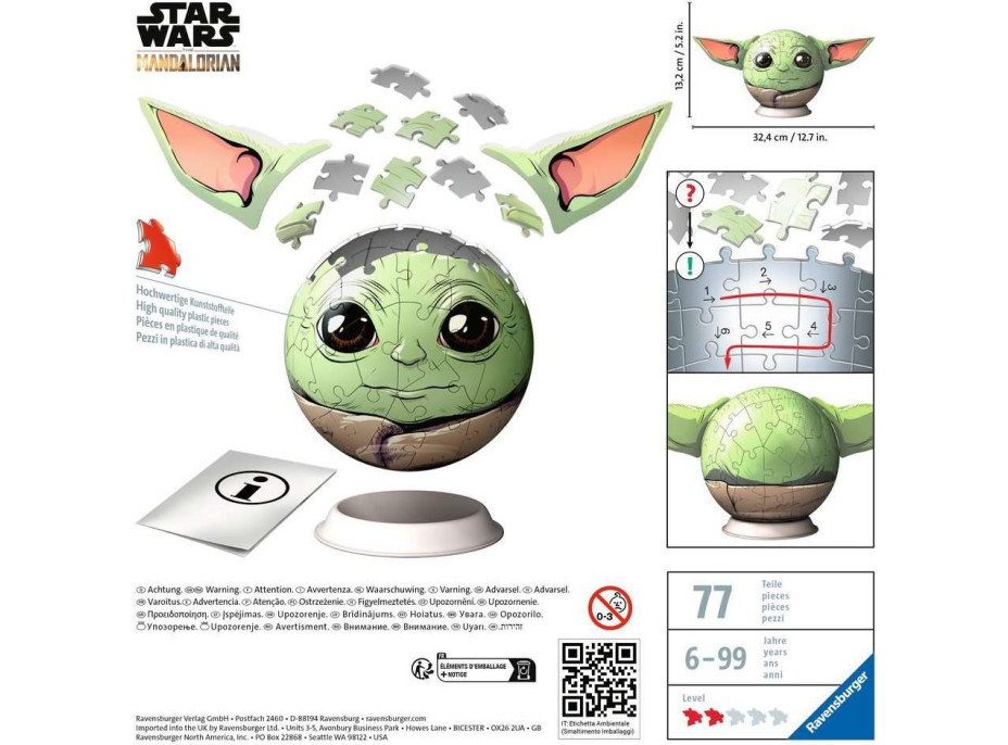 RAVENSBURGER Puzzleball Star Wars: The Mandalorian Grogu s ušami 77 dielikov