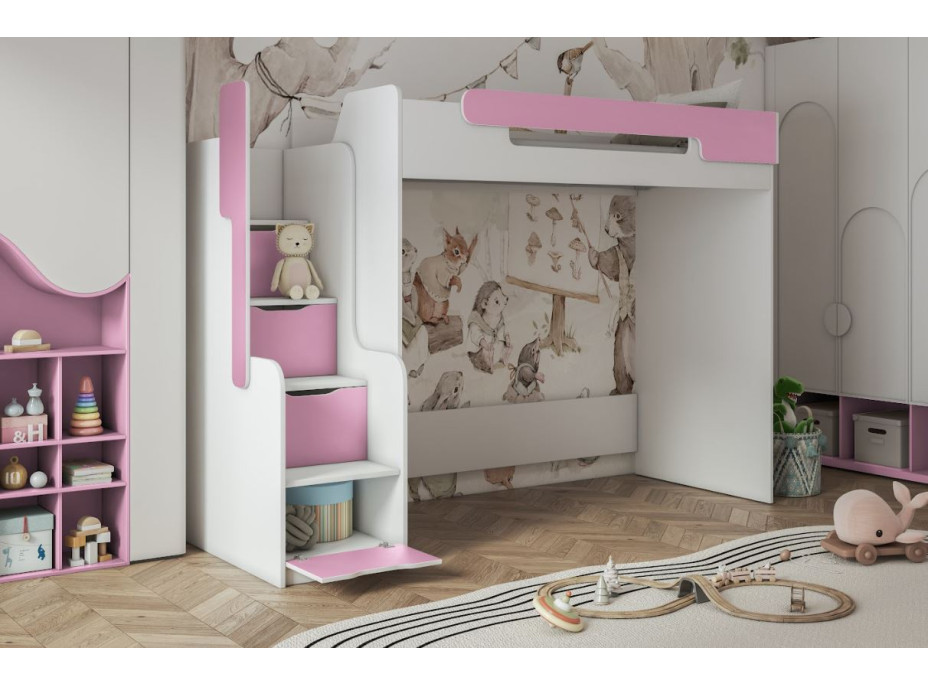 Detská vyvýšená posteľ s písacím stolom a skriňou DORIAN - 200x90 cm - ružová