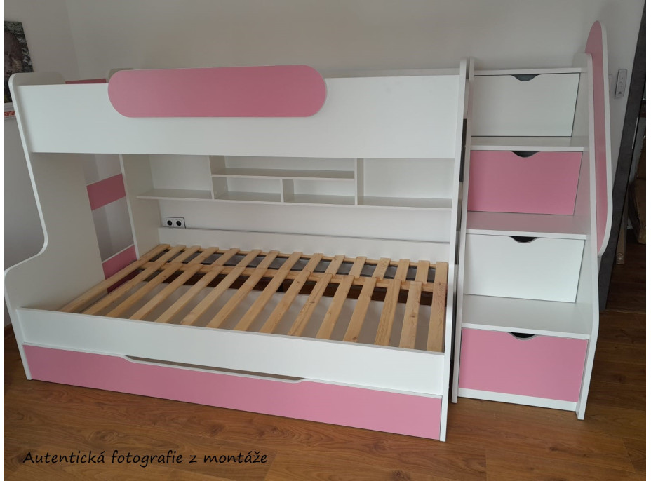 Detská poschodová posteľ s rozšíreným spodným lôžkom a šuplíkom SEGAN bielo-ružová - 200x90/120 cm