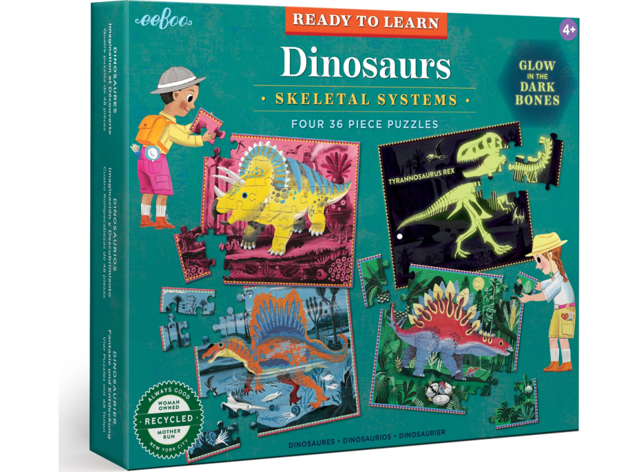 EEBOO Svietiace puzzle Dinosaury 4x36 dielikov