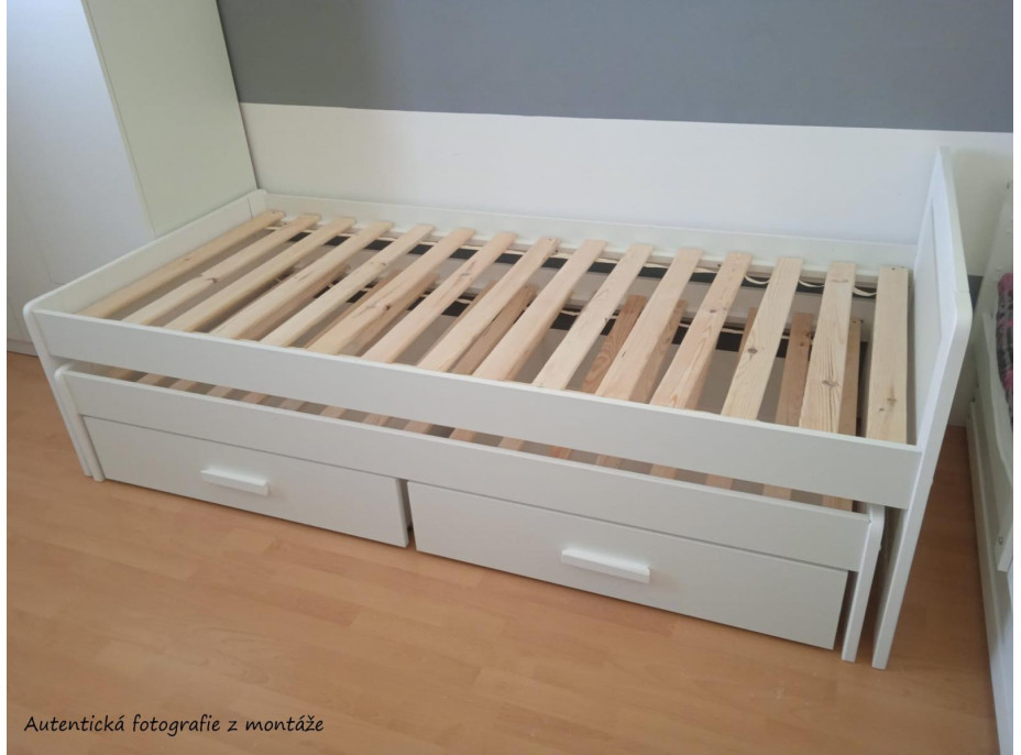Detská posteľ z masívu borovice TIESTO s prístelkou a zásuvkami - 200x90 cm - šedo-biela