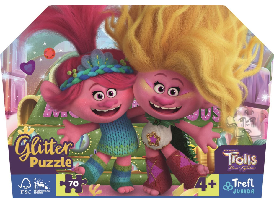 TREFL Trblietavé Glitter puzzle v kufríku Trollovia 3, 70 dielikov