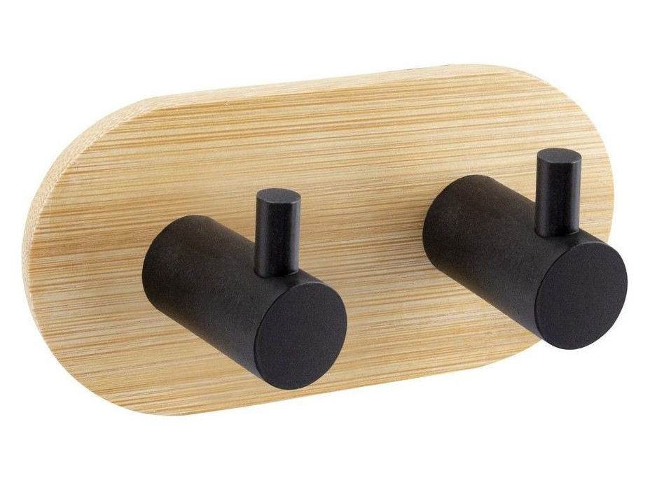 Dvojitý vešiak na uteráky na nalepenie 3M - čierny - kov/bambus