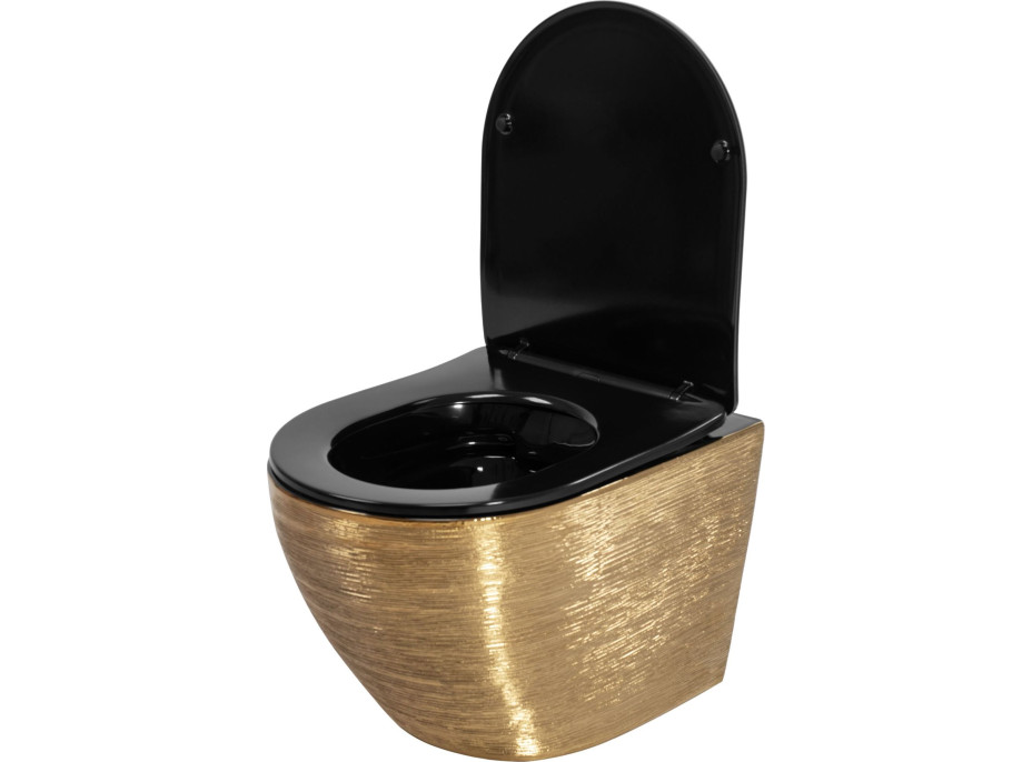 Závesné WC Rea CARLOS RIMLESS - brúsené zlato/čierne lesklé + Duroplast sedátko flat