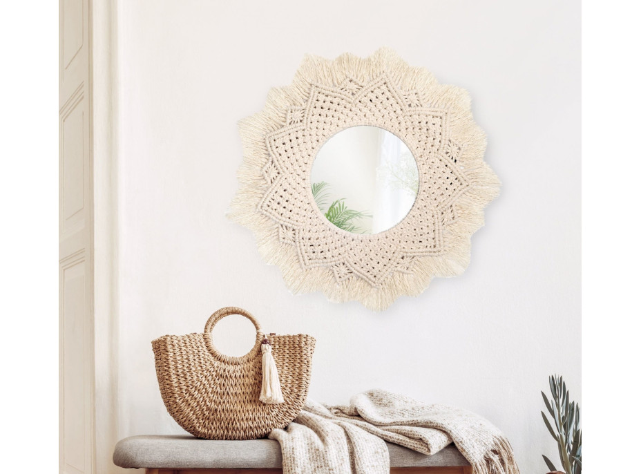 Okrúhle zrkadlo s tkaným rámom BOHO 60 cm - biele