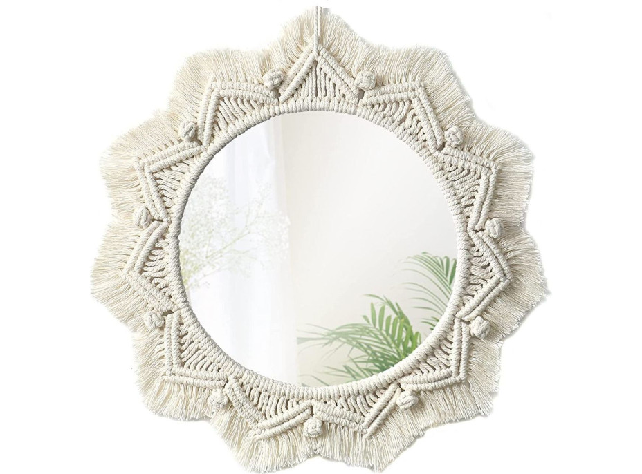 Okrúhle zrkadlo s tkaným rámom BOHO 50 cm - biele