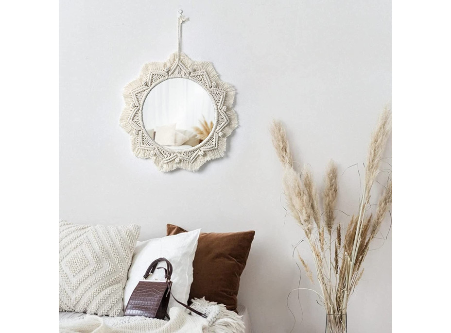 Okrúhle zrkadlo s tkaným rámom BOHO 50 cm - biele