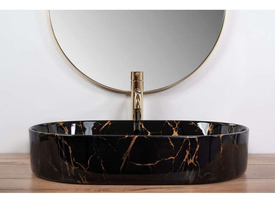 Keramické umývadlo Rea NADIA 61 BLACK MARBLE SHINY - dekor kameňa - čierne
