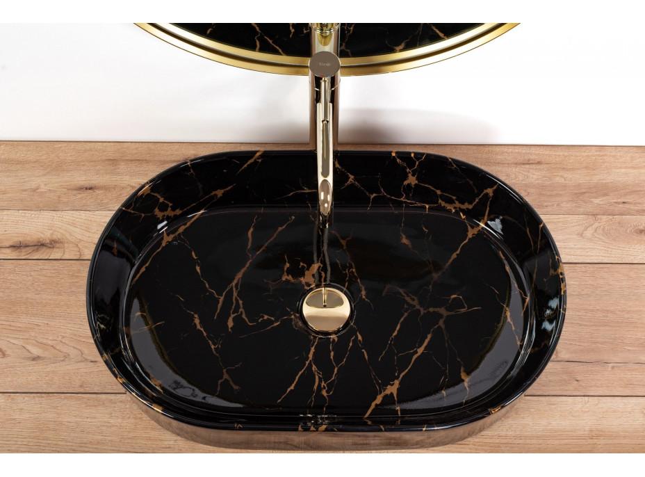 Keramické umývadlo Rea NADIA 61 BLACK MARBLE SHINY - dekor kameňa - čierne