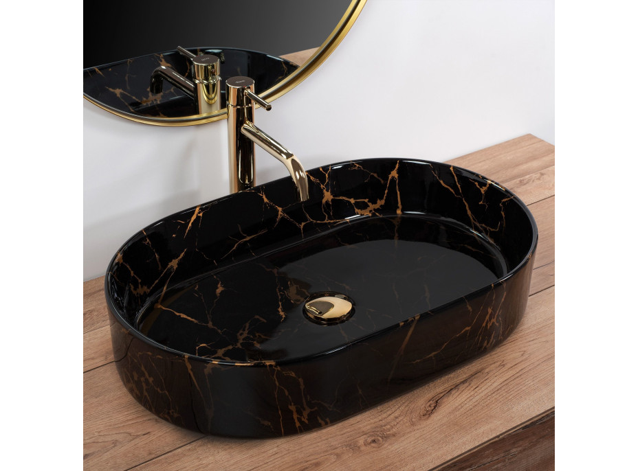 Keramické umývadlo Rea NADIA 61 BLACK MARBLE SHINY - dekor kameňa - čierne