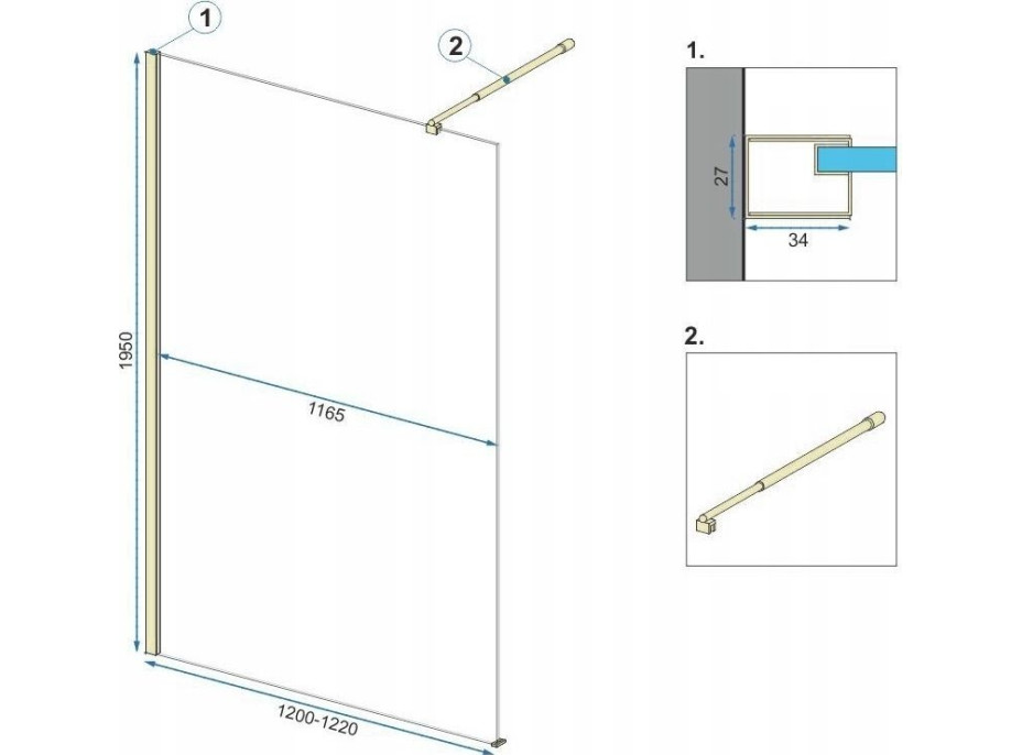 Kúpeľňová pevná zástena Rea AERO 120 cm - brúsená zlatá - číre sklo