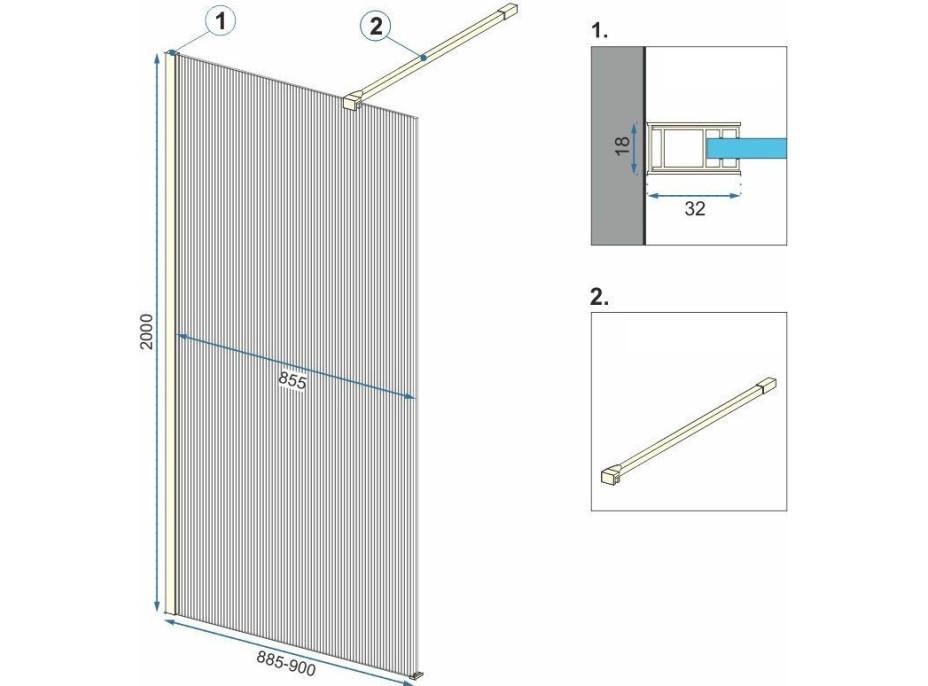 Kúpeľňová pevná zástena Rea AERO 90 cm - brúsená zlatá - intimo sklo