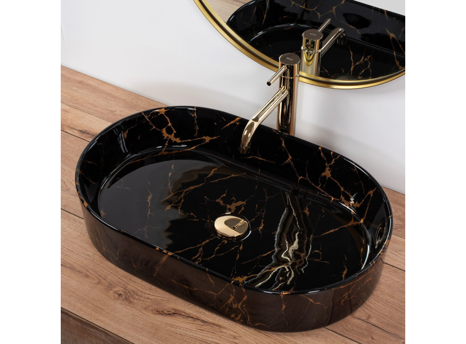 Keramické umývadlo Rea NADIA 61 BLACK MARBLE SHINY - dekor kameňa - čierne