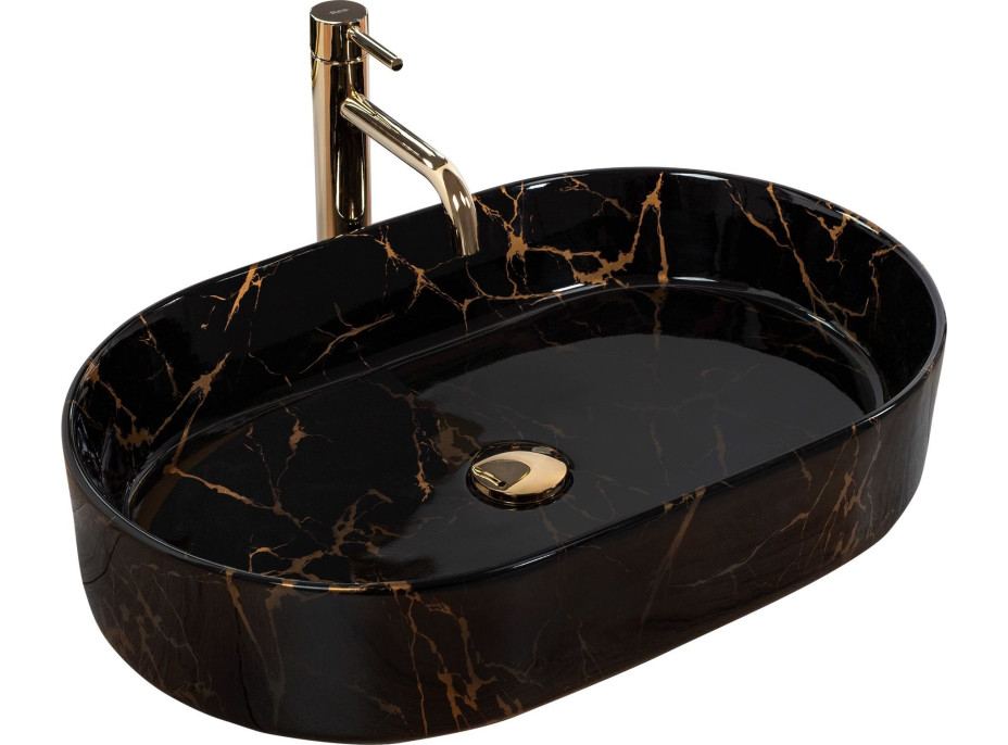 Keramické umývadlo Rea NADIA 61 BLACK MARBLE SHINY - dekor kameňa - čierne