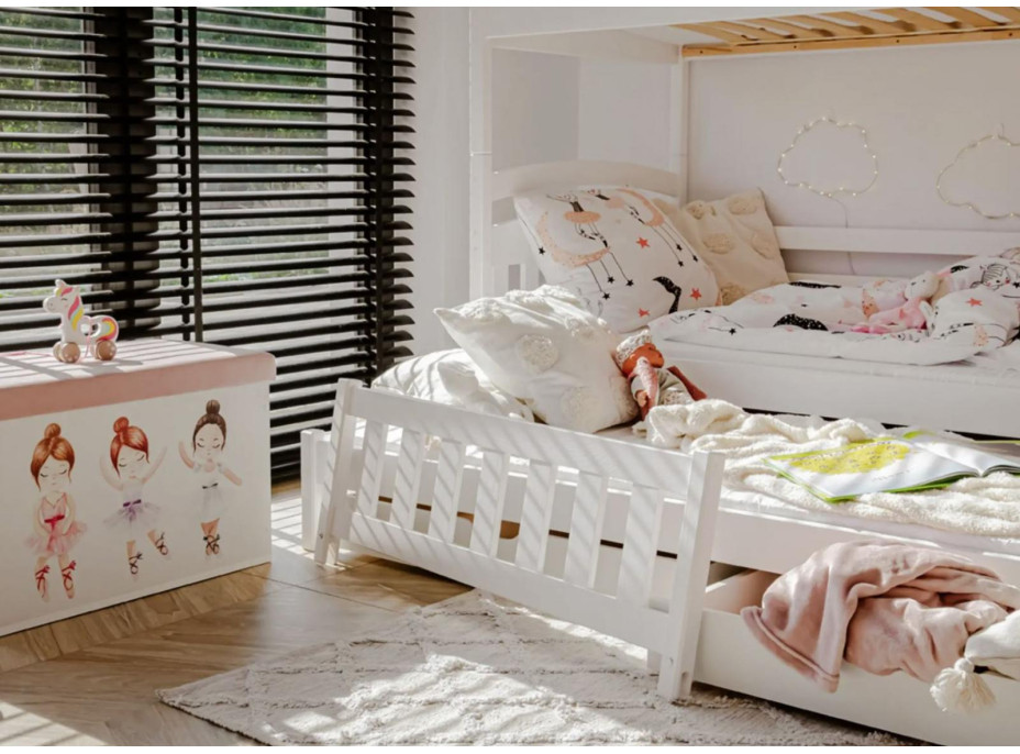 Detská poschodová posteľ z masívu borovice s prístelkou a šuplíky BOHDANA - 200x90 cm - BIELA