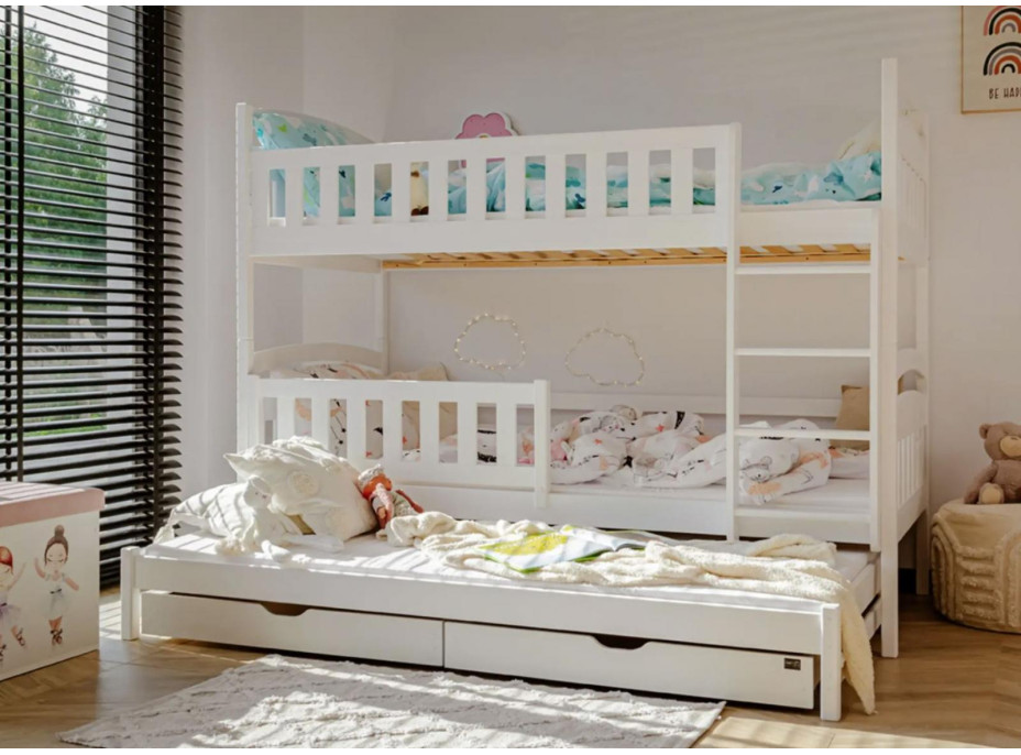 Detská poschodová posteľ z masívu BOHDANA s prístelkou a šuplíky - 200x90 cm - BIELA