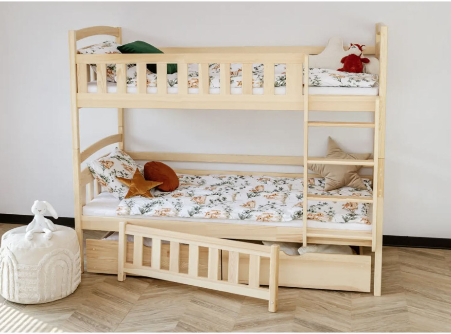 Detská poschodová posteľ z masívu borovice BOHDANA s prístelkou a šuplíky - 200x90 cm - PRÍRODNÁ BOROVICA