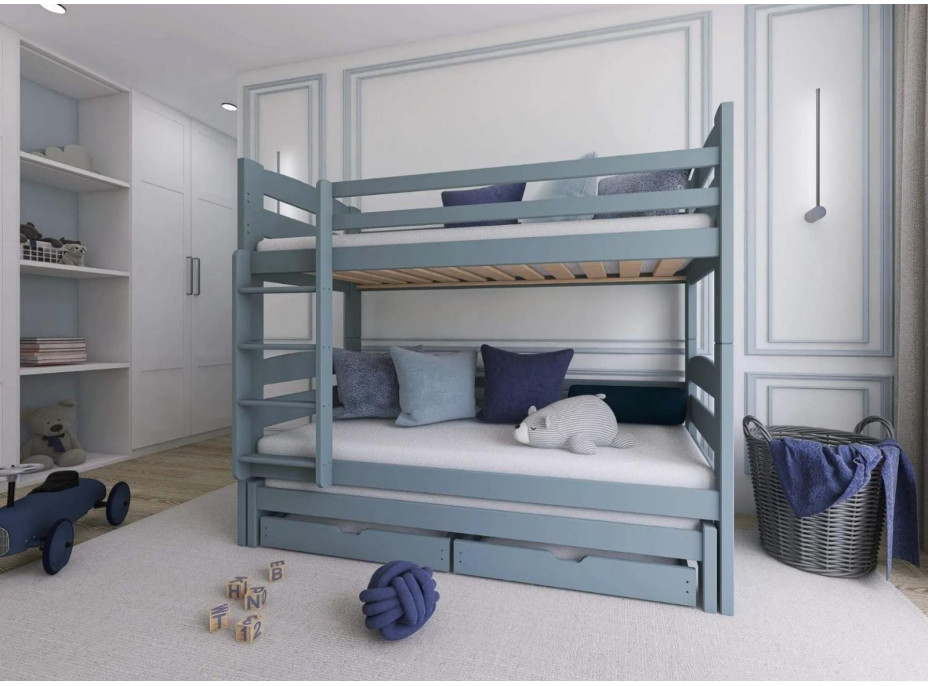 Detská poschodová posteľ z masívu borovice CYRIL s prístelkou a šuplíkmi - 200x90 cm - ŠEDÁ