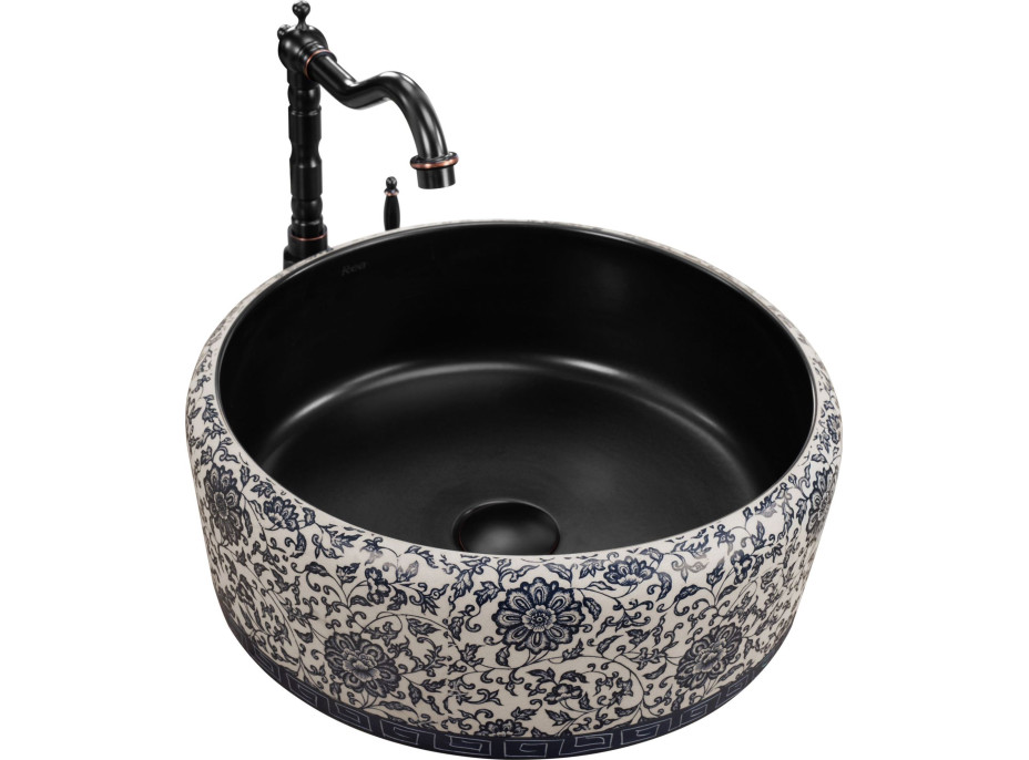 Keramické umývadlo Rea FLORISA - čierne - kvetinový vzor