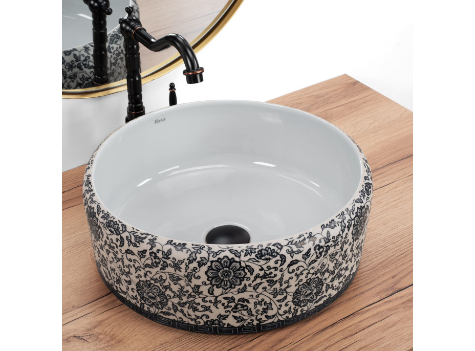 Keramické umývadlo Rea FLORISA - biele / čierne - kvetinový vzor