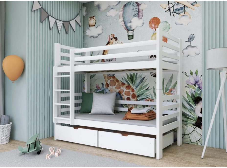 Detská poschodová posteľ z masívu borovice PATRIK so zásuvkami 200x90 cm - biela