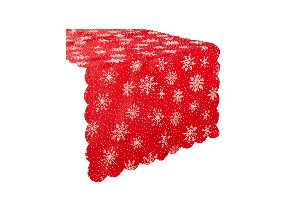 Vianočný behúň na stôl 220x35 cm - Vločky - červený/strieborný