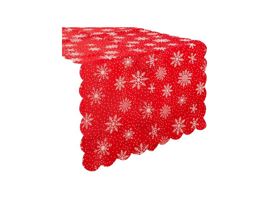 Vianočný behúň na stôl 180x35 cm - Vločky - červený/strieborný