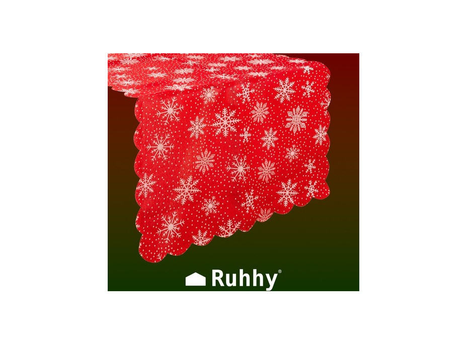 Vianočný behúň na stôl 180x35 cm - Vločky - červený/strieborný