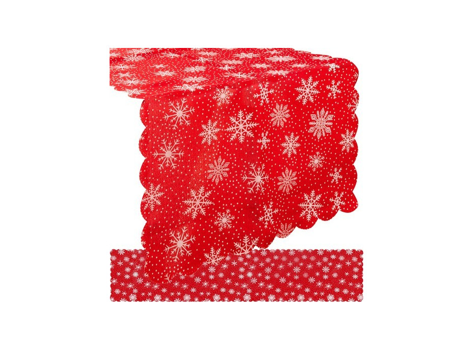 Vianočný behúň na stôl 180x35 cm - Vločky - červený/strieborný