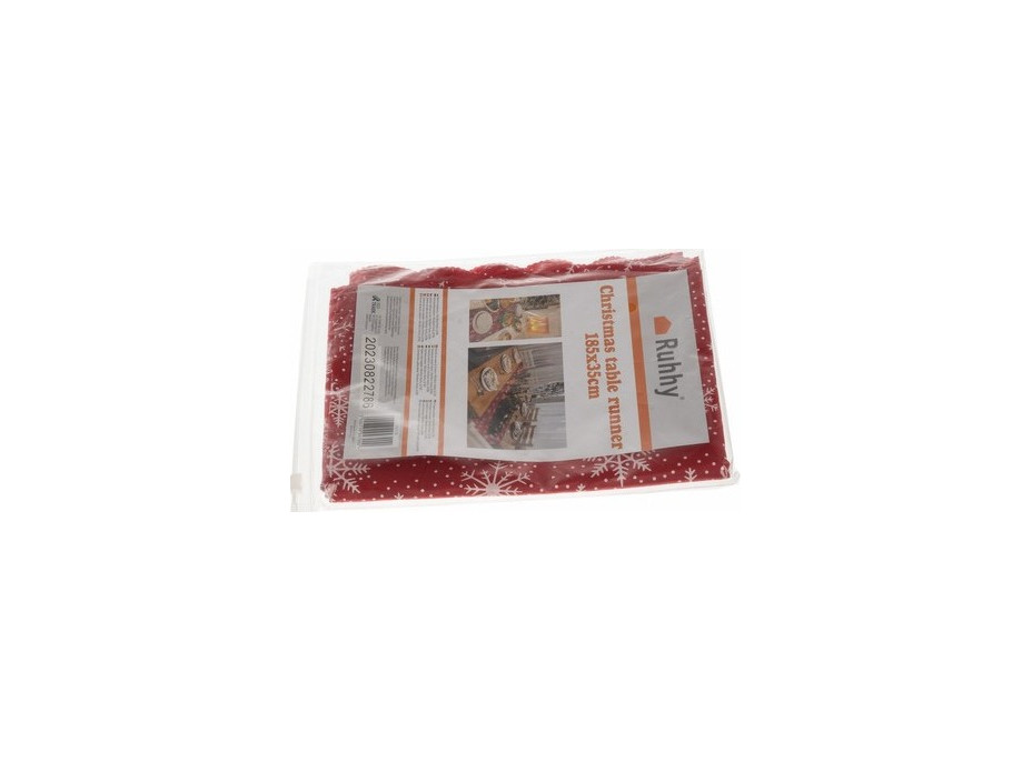 Vianočný behúň na stôl 180x35 cm - Vločky - červený/strieborný