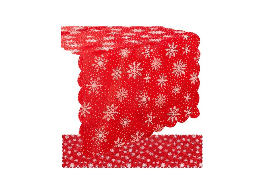 Vianočný behúň na stôl 150x35 cm - Vločky - červený/strieborný