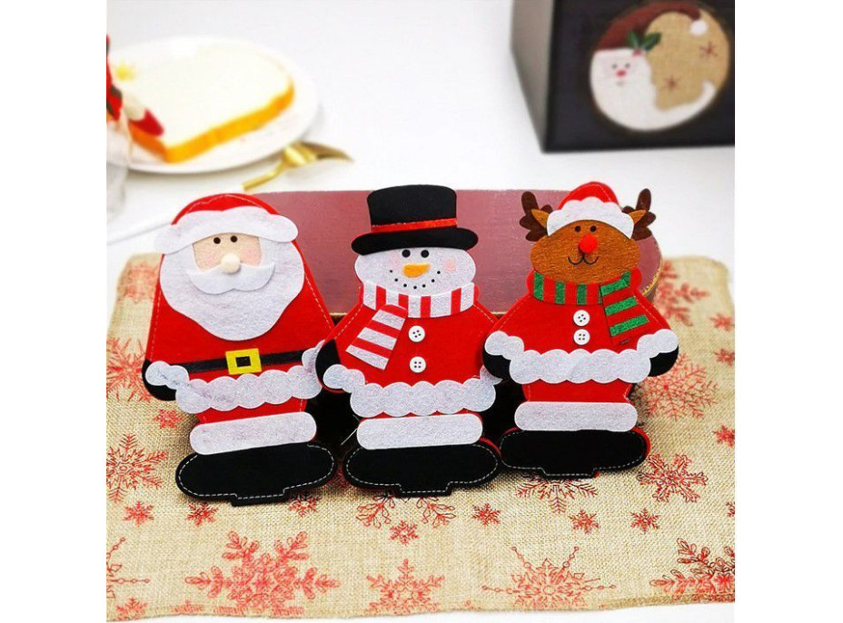 Vianočný obal na príbory - 3 ks - červeno/biele - motív vianočných postavičiek
