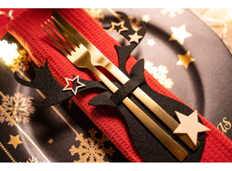 Vianočný obal na príbory - 4 ks - čierne - sob s hviezdičkami