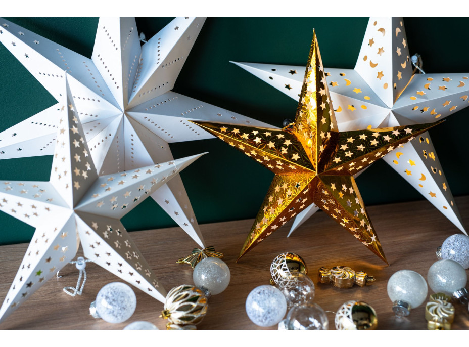 Papierová vianočná závesná LED hviezda - nočné nebo - 45 cm - zlatá
