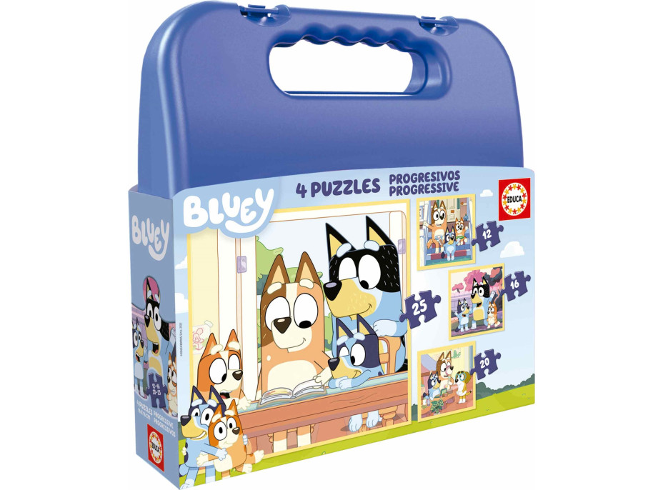 EDUCA Puzzle v kufríku Bluey 4v1 (12,16,20,25 dielikov)