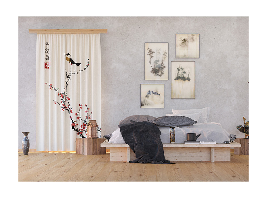 Dizajnový záves - Japonská sakura s vtáčikom - 140x245 cm