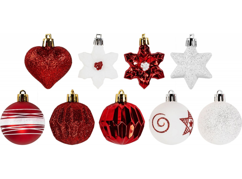 Vianočné závesné banky na stromček - 9 druhov - 41 ks - červené/biele