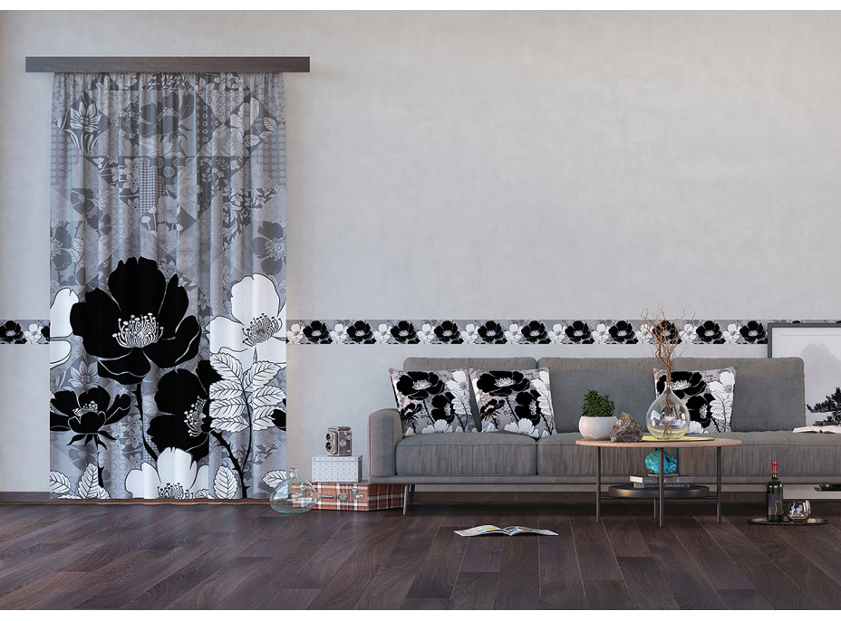 Dizajnový záves - Čiernobiele kvety - 140x245 cm