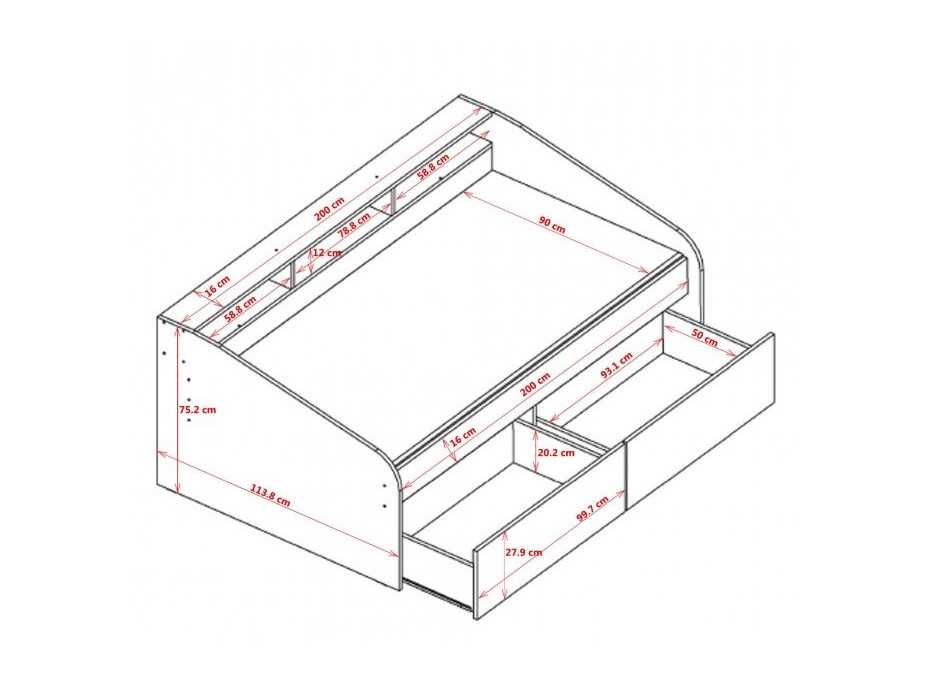 Detská posteľ s policami a šuplíkmi VINTAGE 200x90 cm