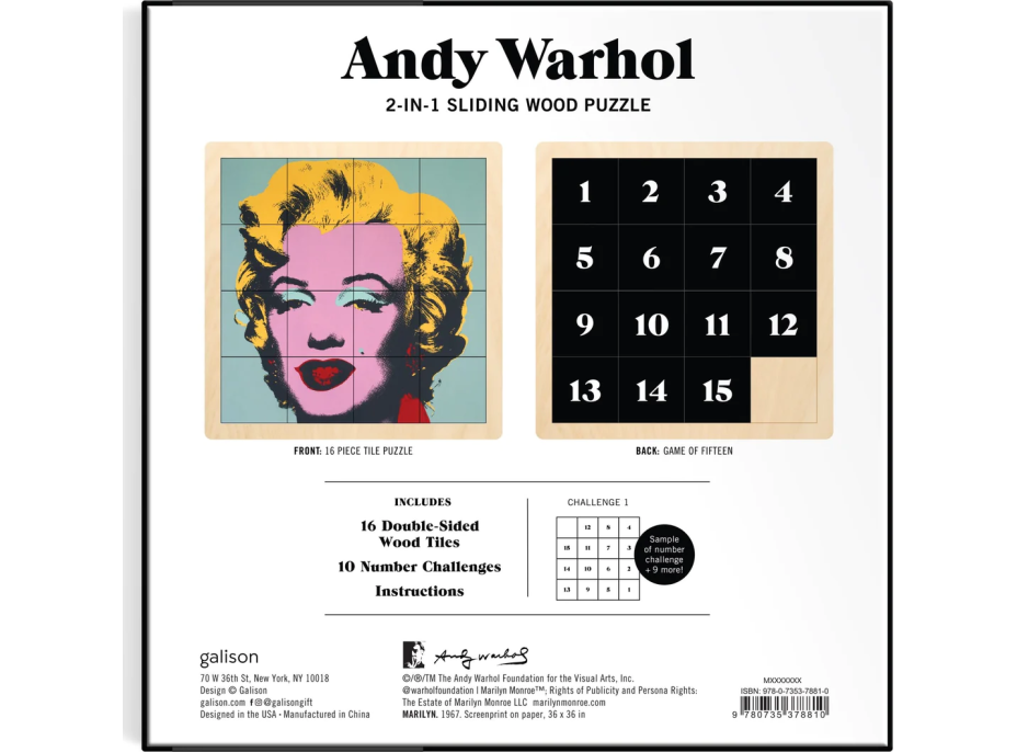 GALISON Posuvné drevené puzzle Andy Warhol: Marilyn 2v1 (16 dielikov)