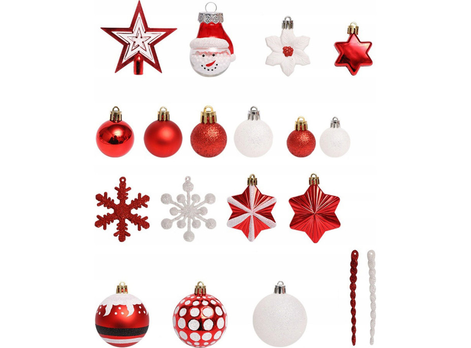 Vianočné závesné banky na stromček - 19 druhov - 78 ks - červené/biele